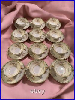 (12) Set Noritake Rodena Green Trim Gold Accents Roses Double Handle Soup Saucer