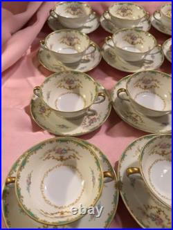 (12) Set Noritake Rodena Green Trim Gold Accents Roses Double Handle Soup Saucer