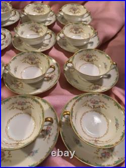 (12) Set Noritake Rodena Green Trim Gold Accents Roses Double Handle Soup Saucer