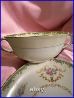 (12) Set Noritake Rodena Green Trim Gold Accents Roses Double Handle Soup Saucer