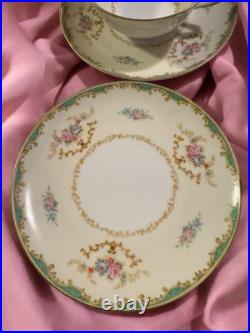 (12) Set Noritake Rodena Green Trim Gold Accents Roses Double Handle Soup Saucer