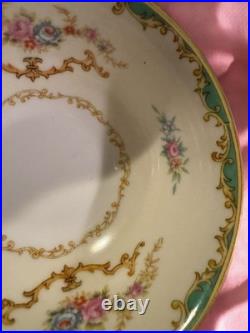 (12) Set Noritake Rodena Green Trim Gold Accents Roses Double Handle Soup Saucer