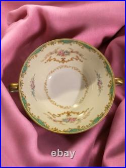 (12) Set Noritake Rodena Green Trim Gold Accents Roses Double Handle Soup Saucer
