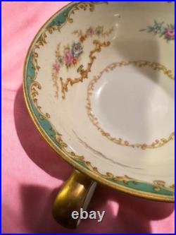 (12) Set Noritake Rodena Green Trim Gold Accents Roses Double Handle Soup Saucer