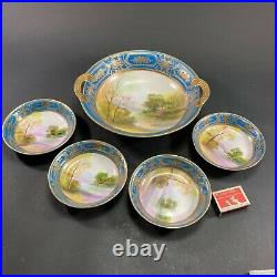 5pc RARE EARLY 1900's ANTIQUE NORITAKE CHINA HAND PAINTED SWEETS SET GOLD GUILD
