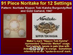 91 Piece Noritake Nippon Toki Kaisha Full Dinner Service Set for 12 Date 1947