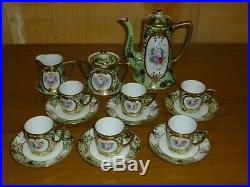 Green and Floral Pattern Gilt Decorated Noritake China Coffee Set for 6