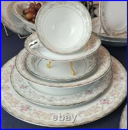 NORITAKE Edgewood 61 Pcs. Dinnerware Set, Pink & Blue Flowers, Platinum Trim