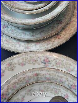 NORITAKE Edgewood 61 Pcs. Dinnerware Set, Pink & Blue Flowers, Platinum Trim