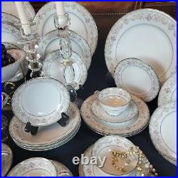 NORITAKE Edgewood 61 Pcs. Dinnerware Set, Pink & Blue Flowers, Platinum Trim