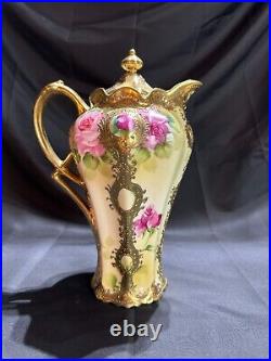 Nippon Old Noritake Hand painted Roses Gold plated bone china Tea/Choloate Set
