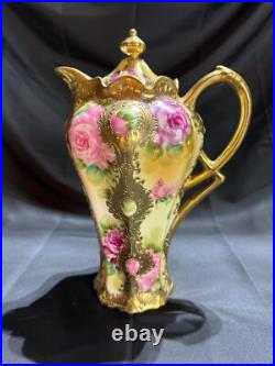 Nippon Old Noritake Hand painted Roses Gold plated bone china Tea/Choloate Set