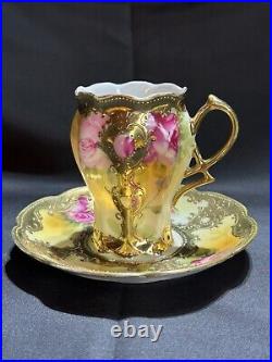 Nippon Old Noritake Hand painted Roses Gold plated bone china Tea/Choloate Set