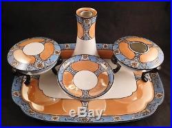 Noritake China Art Deco Luster Ware Vanity Dresser Set, Tray-Jars-Hatpin Holder+