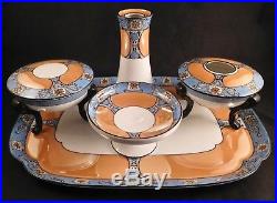 Noritake China Art Deco Luster Ware Vanity Dresser Set, Tray-Jars-Hatpin Holder+