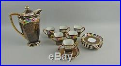 Noritake China Black, Gold&Floral Demitasse Set Coffee/Tea Pot+6 Cup&Saucer Sets