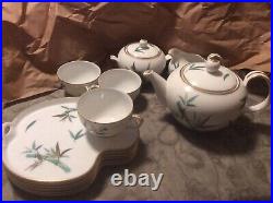 Noritake China Teal Bamboo Luncheon Set 12 Pcs Mid Century Modern RARE Gold Rim