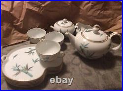 Noritake China Teal Bamboo Luncheon Set 12 Pcs Mid Century Modern RARE Gold Rim