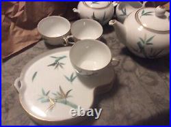 Noritake China Teal Bamboo Luncheon Set 12 Pcs Mid Century Modern RARE Gold Rim