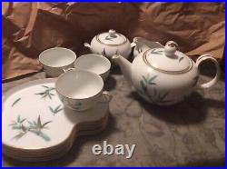 Noritake China Teal Bamboo Luncheon Set 12 Pcs Mid Century Modern RARE Gold Rim