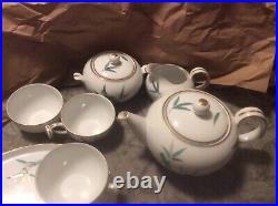 Noritake China Teal Bamboo Luncheon Set 12 Pcs Mid Century Modern RARE Gold Rim