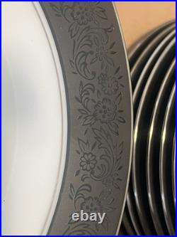Noritake Mirano Dinnerware Black Etched Floral Service For 8-10. Total 37 Pcs