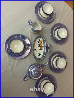 Noritake Morimura China Coffee/Tea Set Lusterware Blue Purple 17 pieces