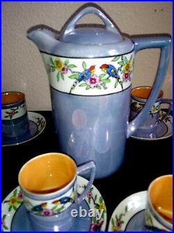 Noritake Morimura China Coffee/Tea Set Lusterware Blue Purple white bird flower