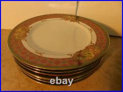 Noritake Royal Hunt #3930 Set Of 7 Dinner Plates 10 7/8 Green Red Gold Stag