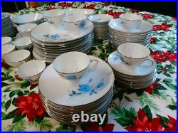 Noritake Sylvia China Set 6603 1965 Blue Flowers Platinum Trim 88 pieces Japan