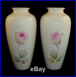 Set (2) NORITAKE Elegant Bone China PINK ROSE Floral Vases (signed S. Kimura)
