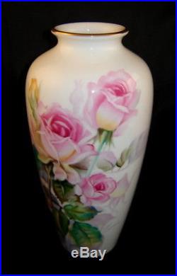 Set (2) NORITAKE Elegant Bone China PINK ROSE Floral Vases (signed S. Kimura)