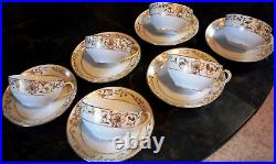 Set 6 Antique'Noritake M' GOLD MORIAGE TEACUPS & SAUCERS Hand Painted Porcelain