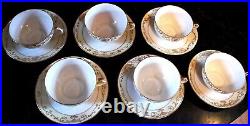 Set 6 Antique'Noritake M' GOLD MORIAGE TEACUPS & SAUCERS Hand Painted Porcelain