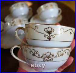Set 6 Antique'Noritake M' GOLD MORIAGE TEACUPS & SAUCERS Hand Painted Porcelain