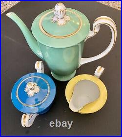 Vintage Noritake Art Deco Mul-colored Teapot Set Sugar Bowl & Creamer Gold Rim
