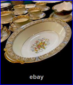 Vintage Noritake CLAIRE Floral #657 Gold Trim Tan/Blue China Mint 59 Piece Set