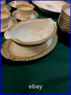 Vintage Noritake CLAIRE Floral #657 Gold Trim Tan/Blue China Mint 59 Piece Set