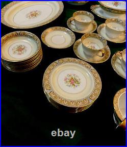 Vintage Noritake CLAIRE Floral #657 Gold Trim Tan/Blue China Mint 59 Piece Set