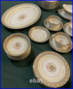 Vintage Noritake CLAIRE Floral #657 Gold Trim Tan/Blue China Mint 59 Piece Set